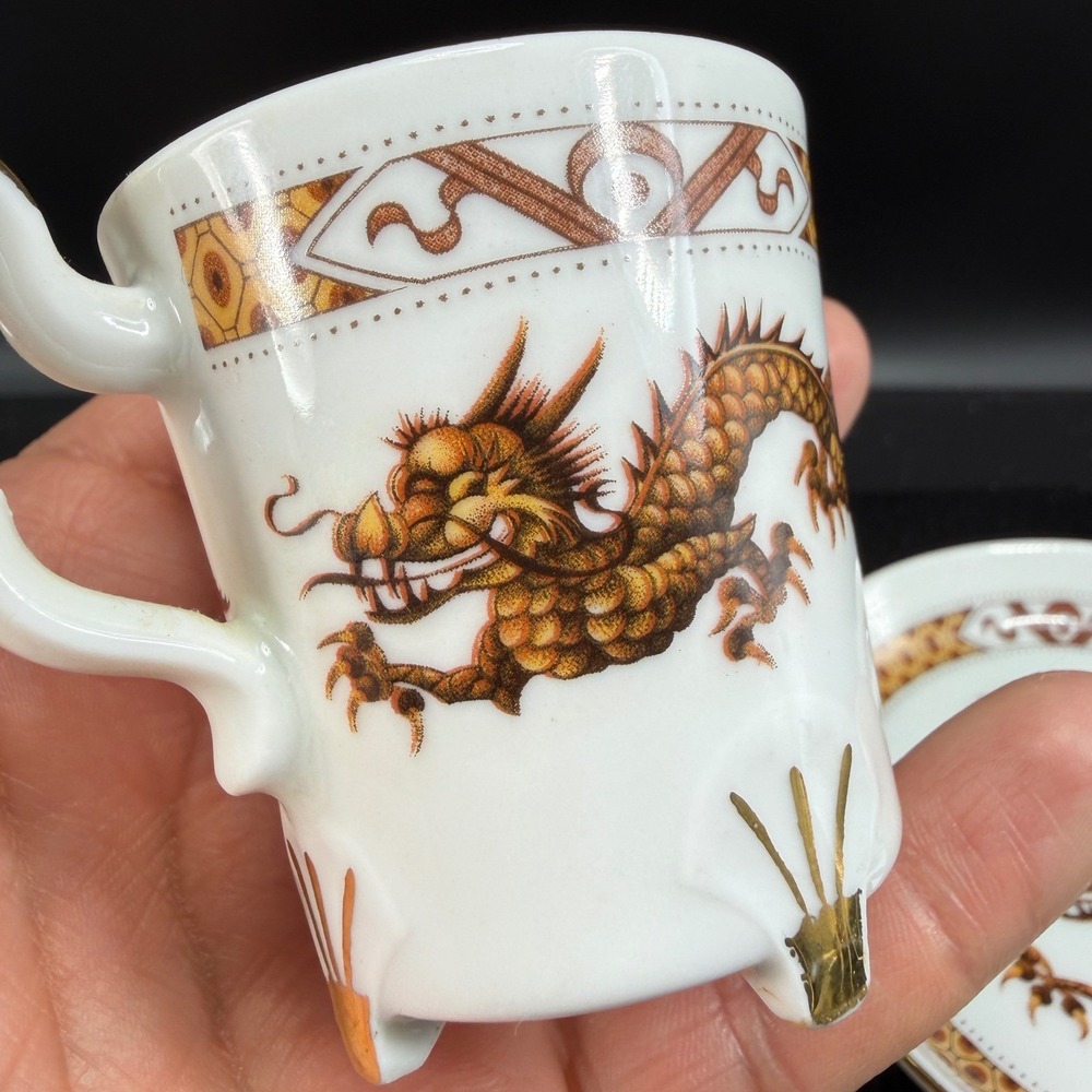 Bareuther Waldsassen Bavaria Germany Dragon Espresso Cup Saucer Set Orange Gold - Picture 3 of 16